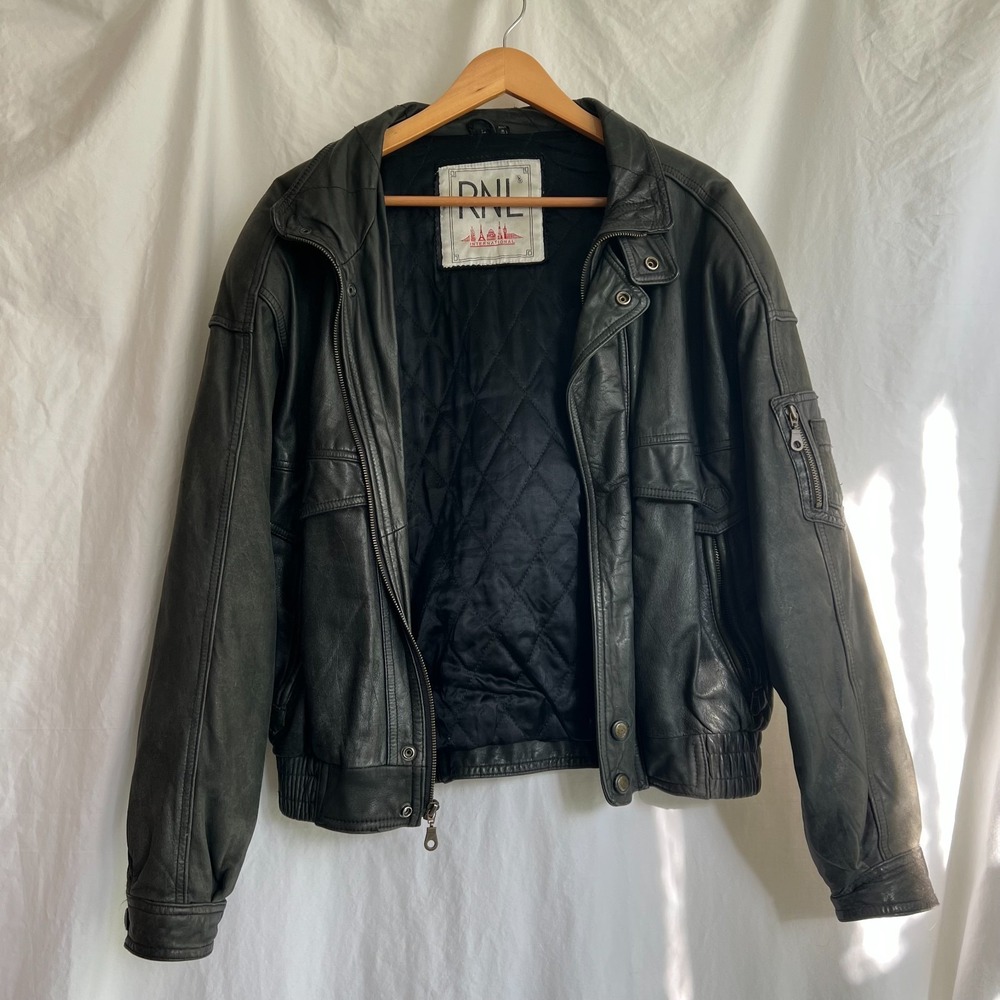 Vintage RNL International Black Leather Bomber Jacket Large Quilted Lined Korea